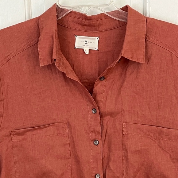 Lou & Grey 100% Linen Short Sleeve Romper Button Up Tie Cinch Waist Terracotta L - Picture 3 of 13
